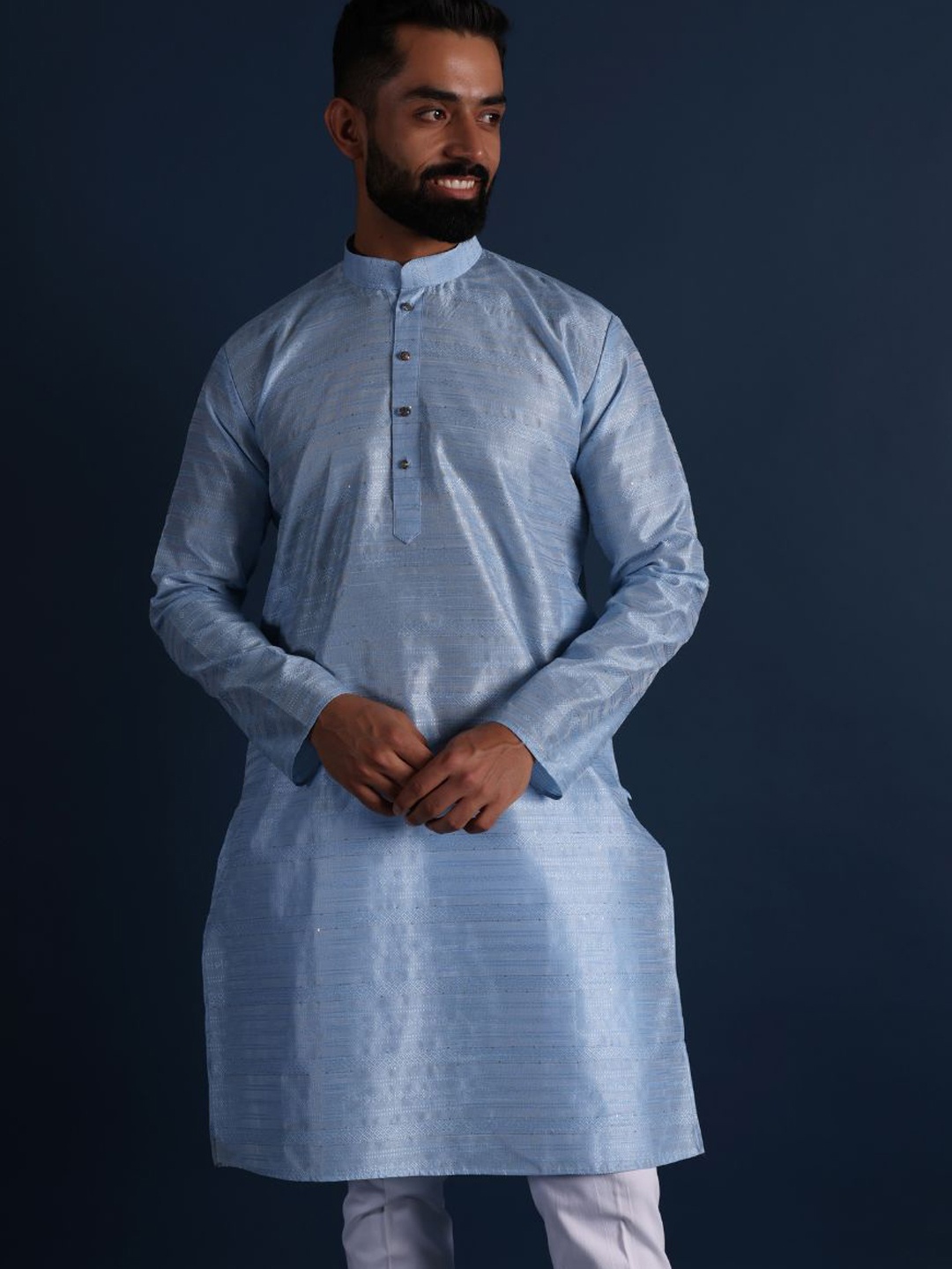 

Lightpole Striped Woven Design Mandarin Collar Thread Work Straight Kurta, Blue