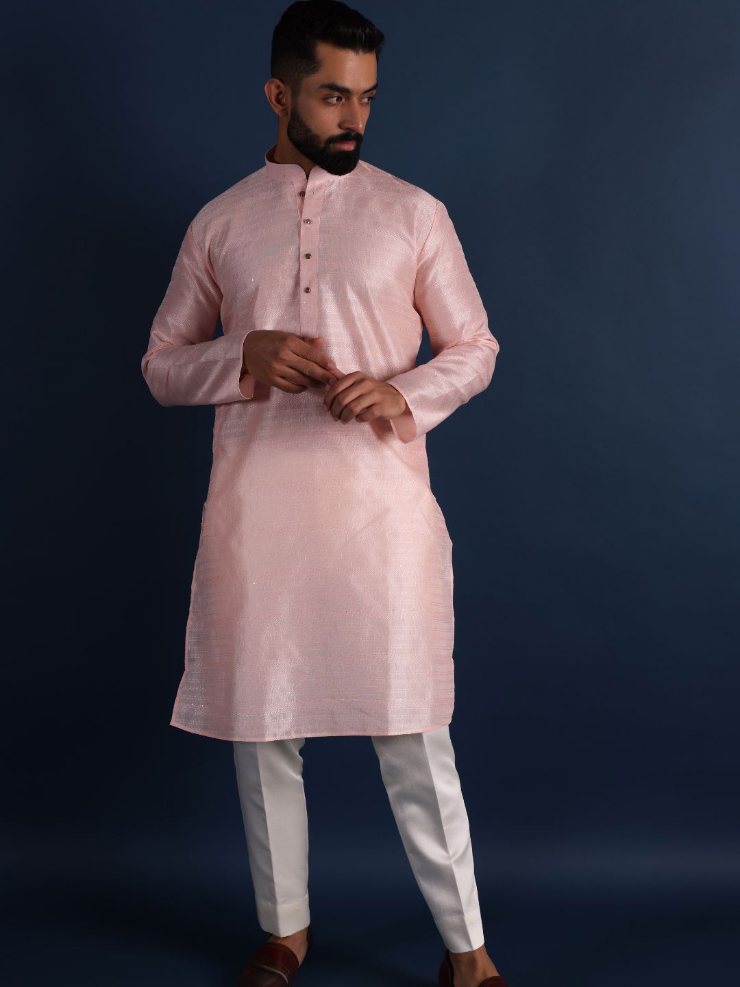 

Lightpole Striped Woven Design Mandarin Collar Thread Work Straight Kurta, Peach