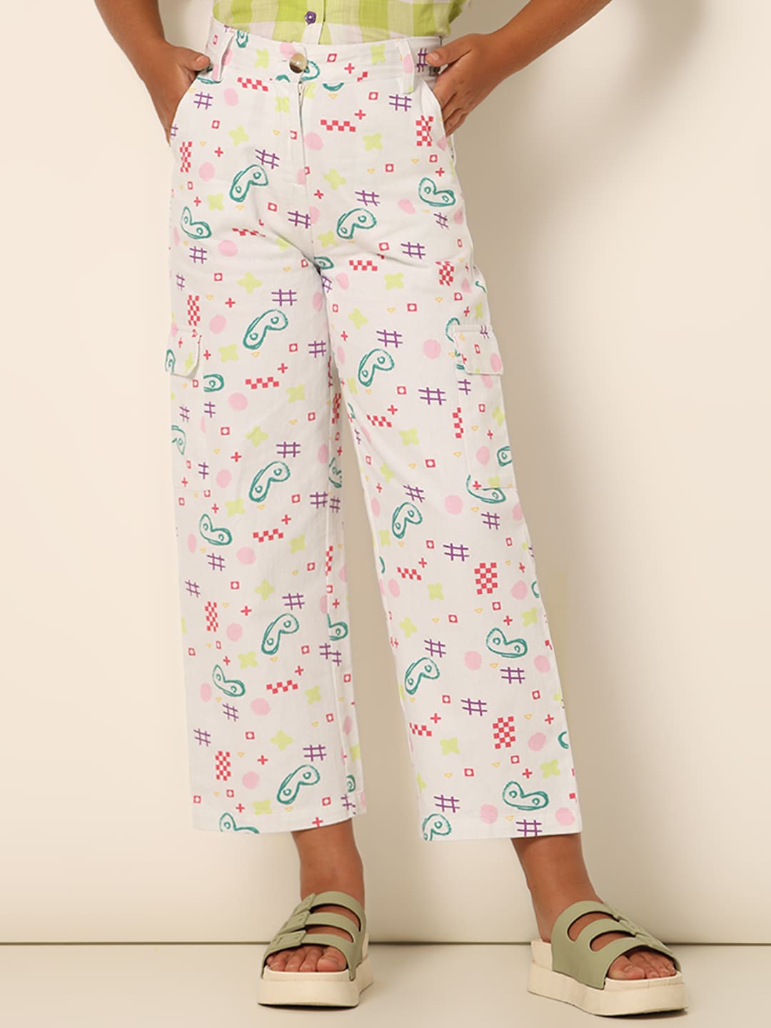 

Vero Moda Girls Conversational Printed Flared Cotton High-Rise Trousers, White