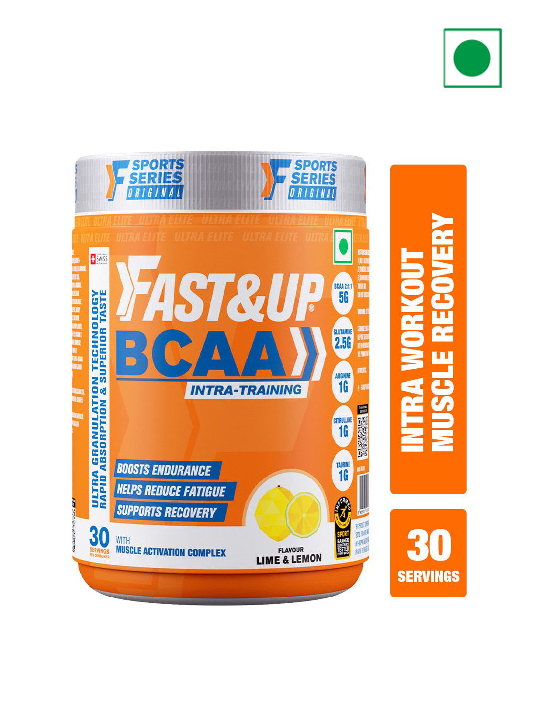 

FAST&UP Lime & Lemon Flavoured BCAA Intra-Training Powder For Muscle Recovery - 450g, Orange