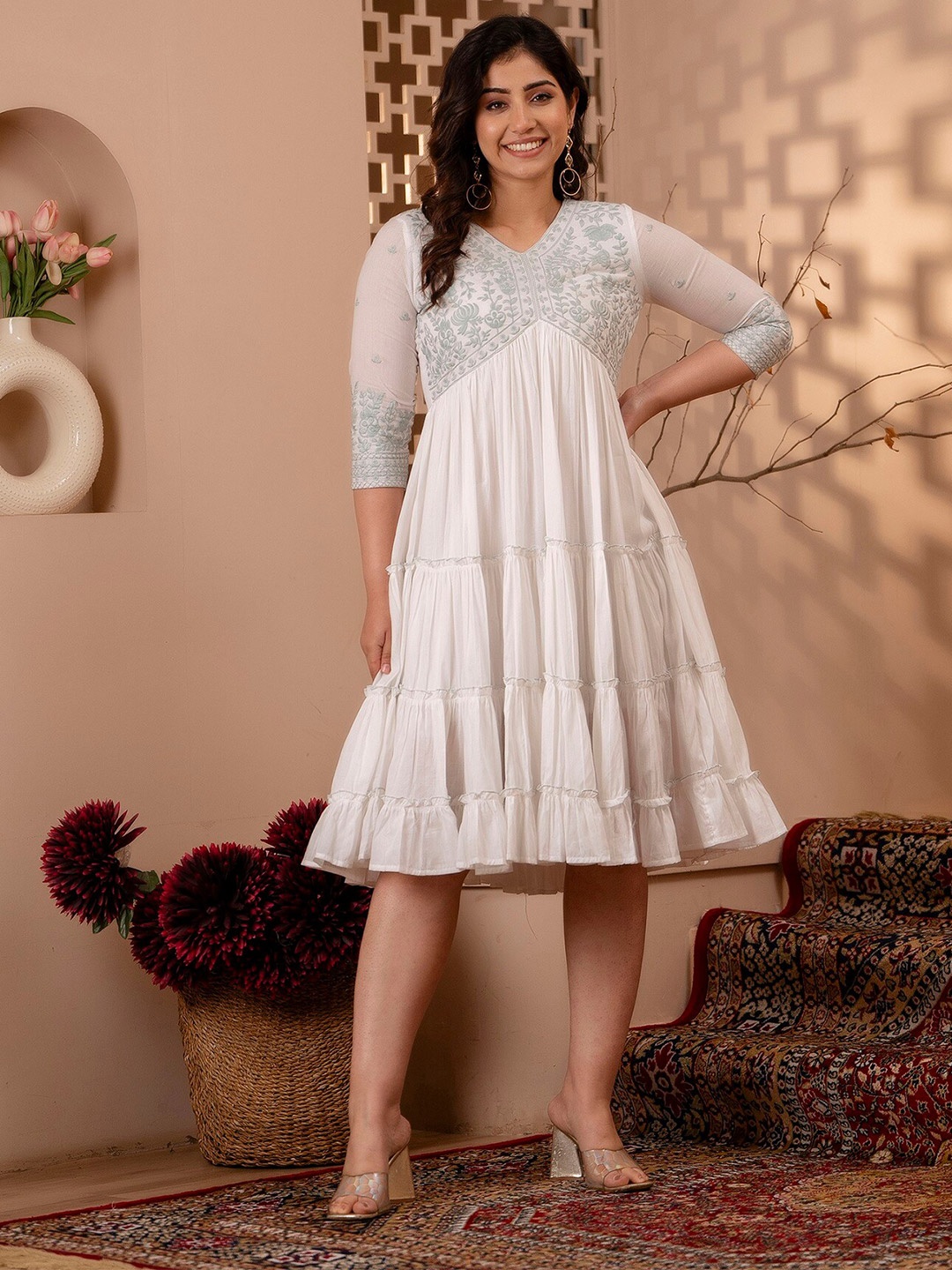 

Charu Embroidered Empire Midi Ethnic Dress, White