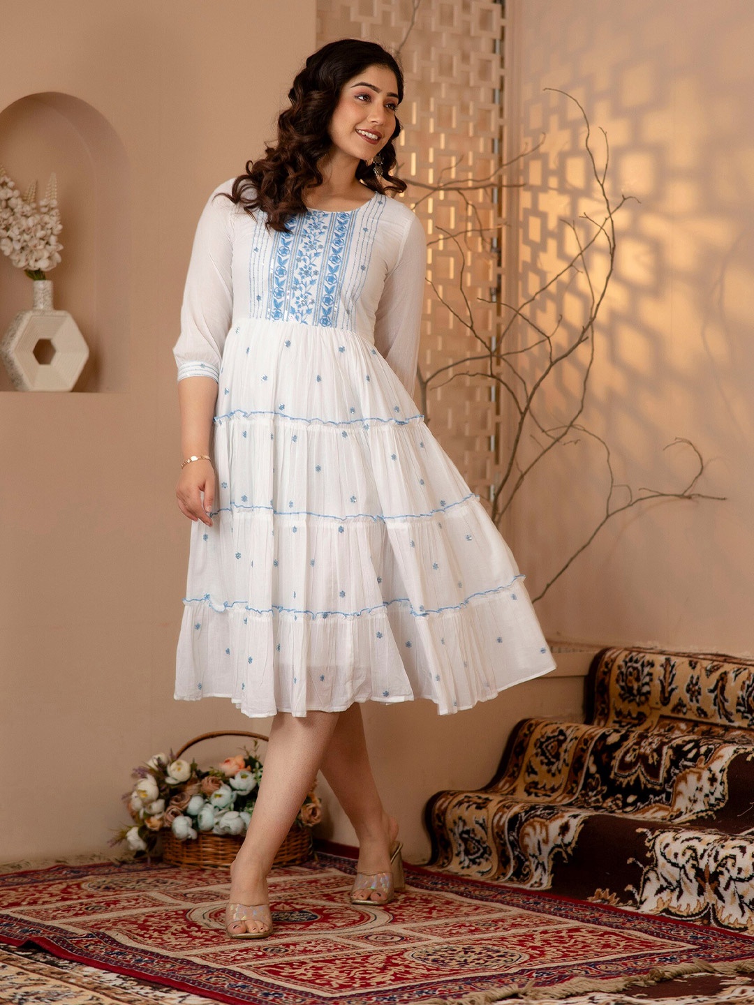 

Charu Floral Print Fit & Flare Midi Ethnic Dress, White