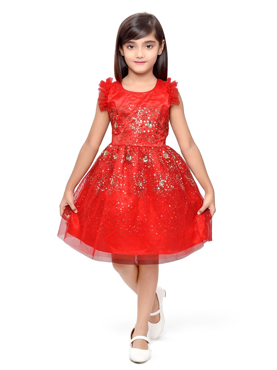 

Doodle Embellished Net Fit & Flare Dress, Red