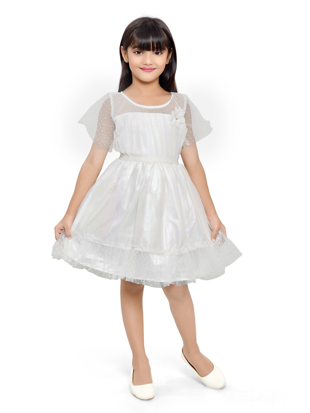 

Doodle Flared Sleeve Net Fit & Flare Dress, White