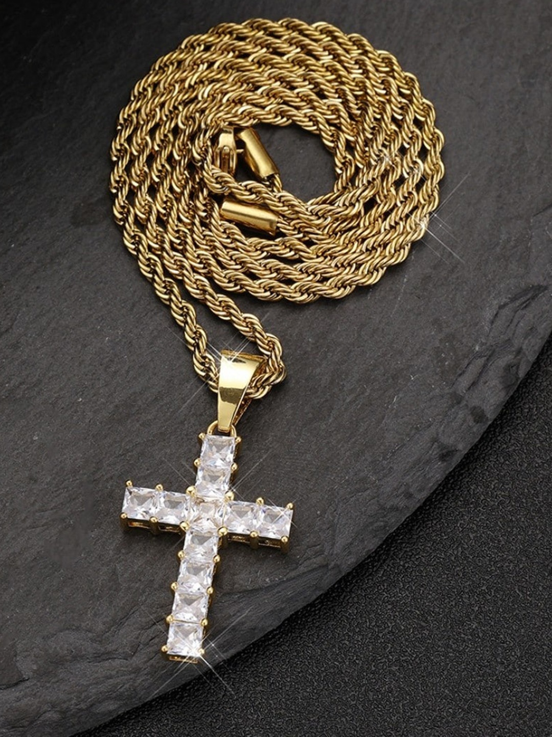 

SALTY Men Stainless Steel Gold-Plated Artificial Stones Studded Pendants with Chains