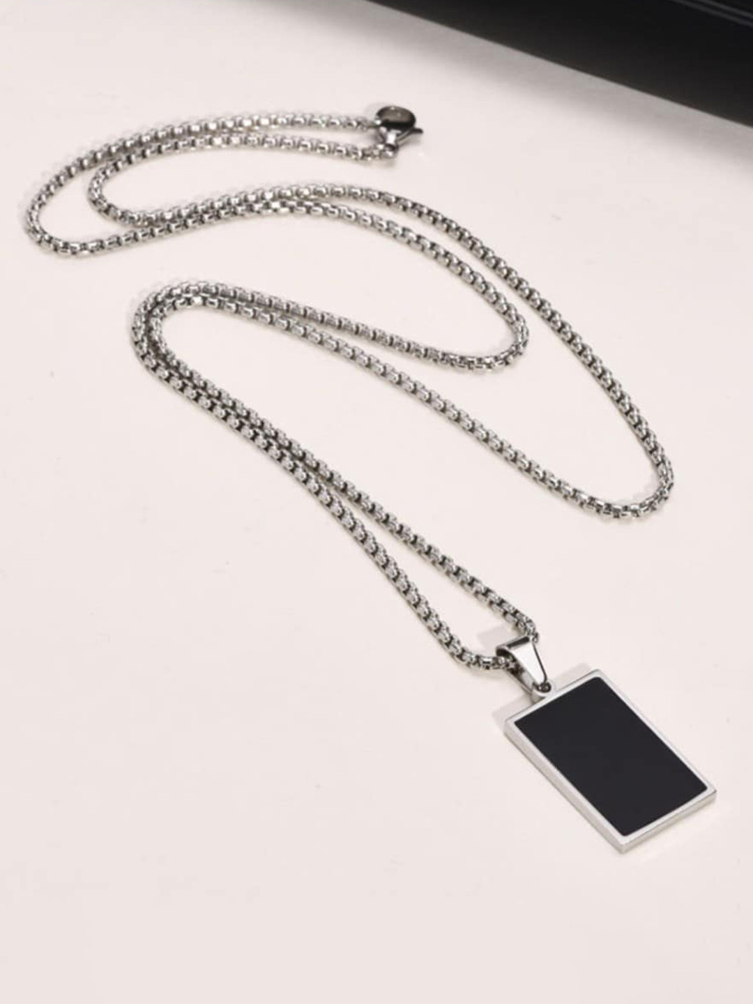 

SALTY Stainless Steel Stone Square Pendants with Chains, Silver