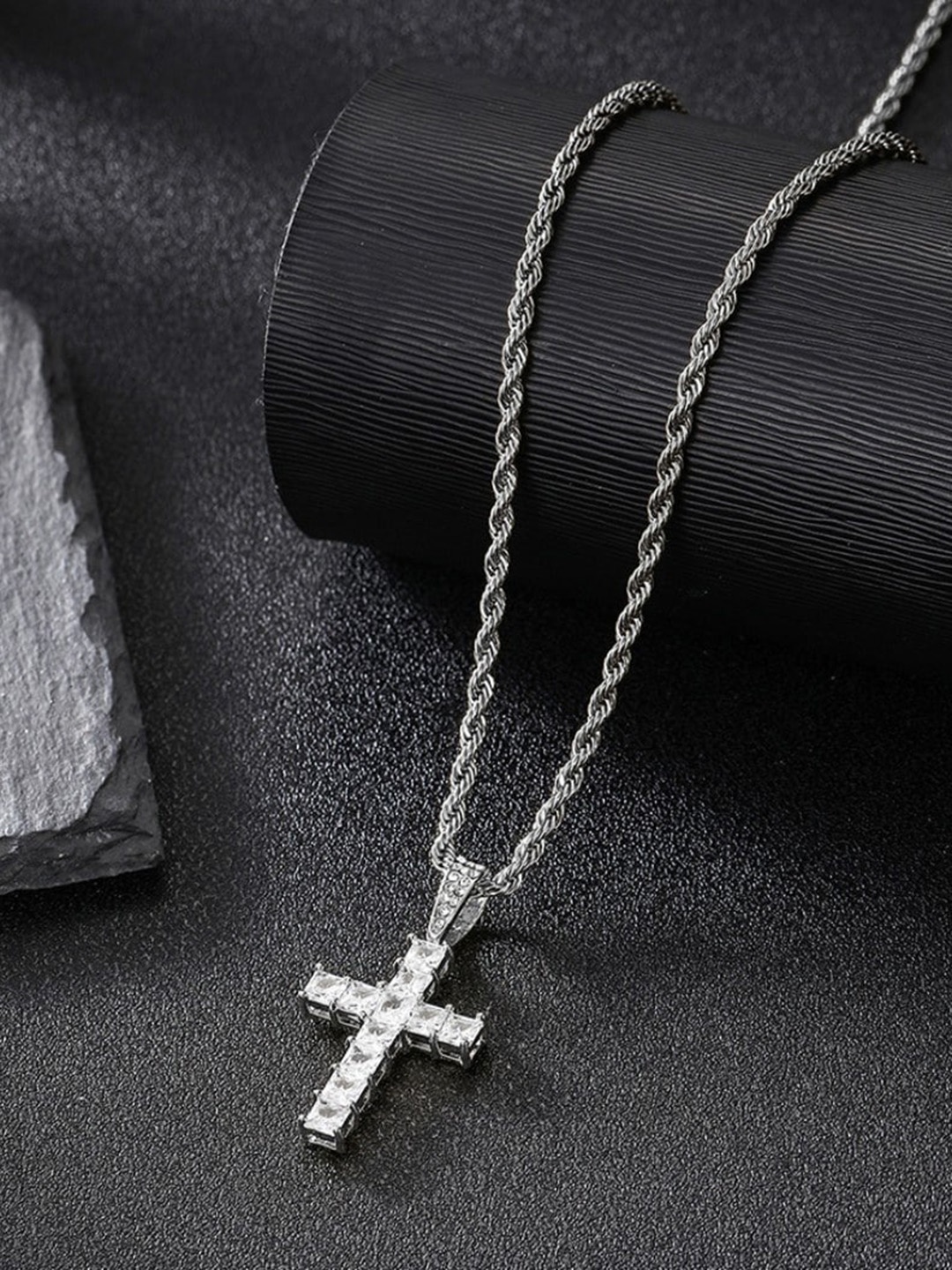 

SALTY Stainless Steel Stone Studded Geometric Pendants with Chains, Silver