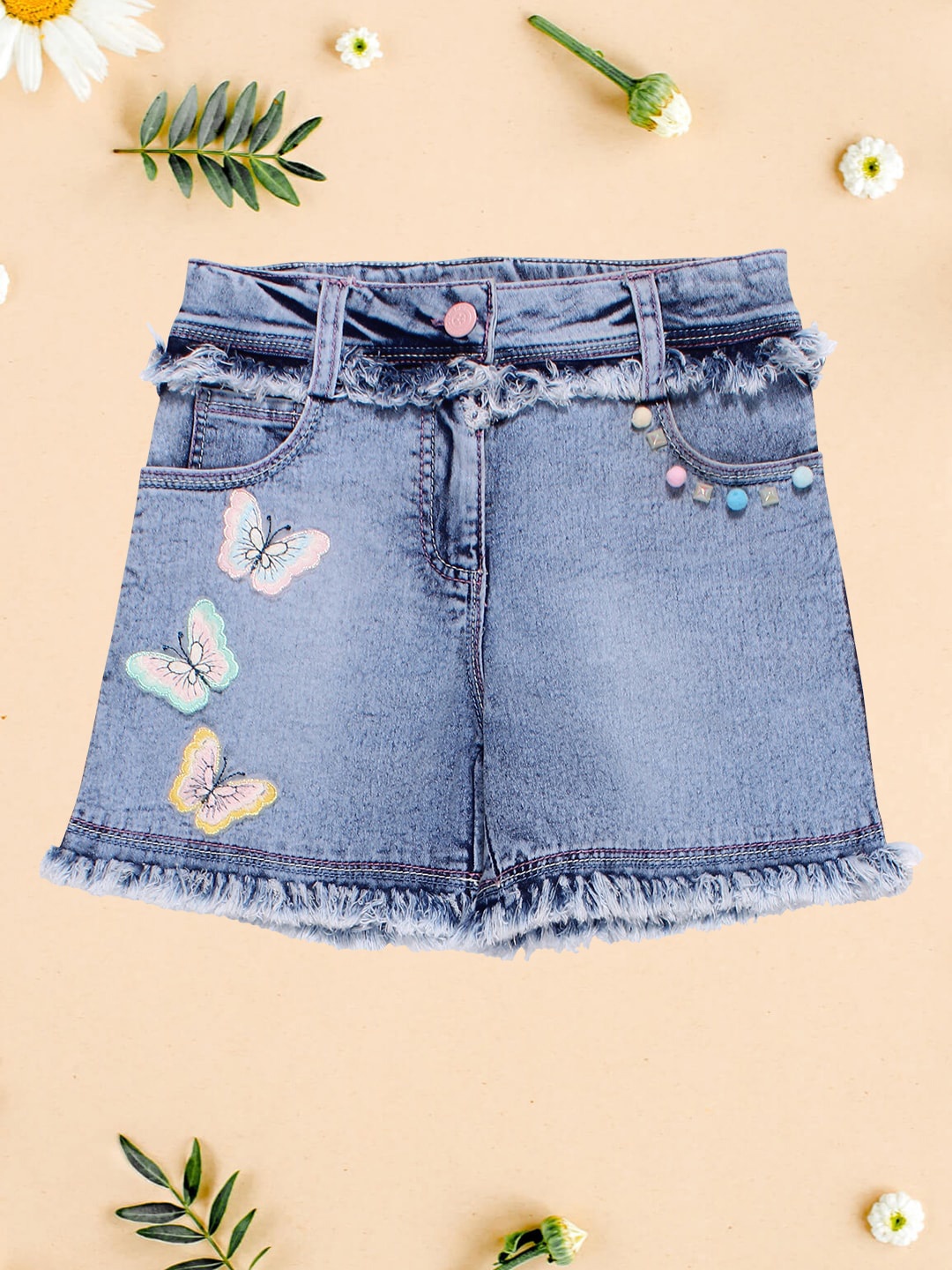 

CUTECUMBER Girls Embellished Denim Shorts, Blue