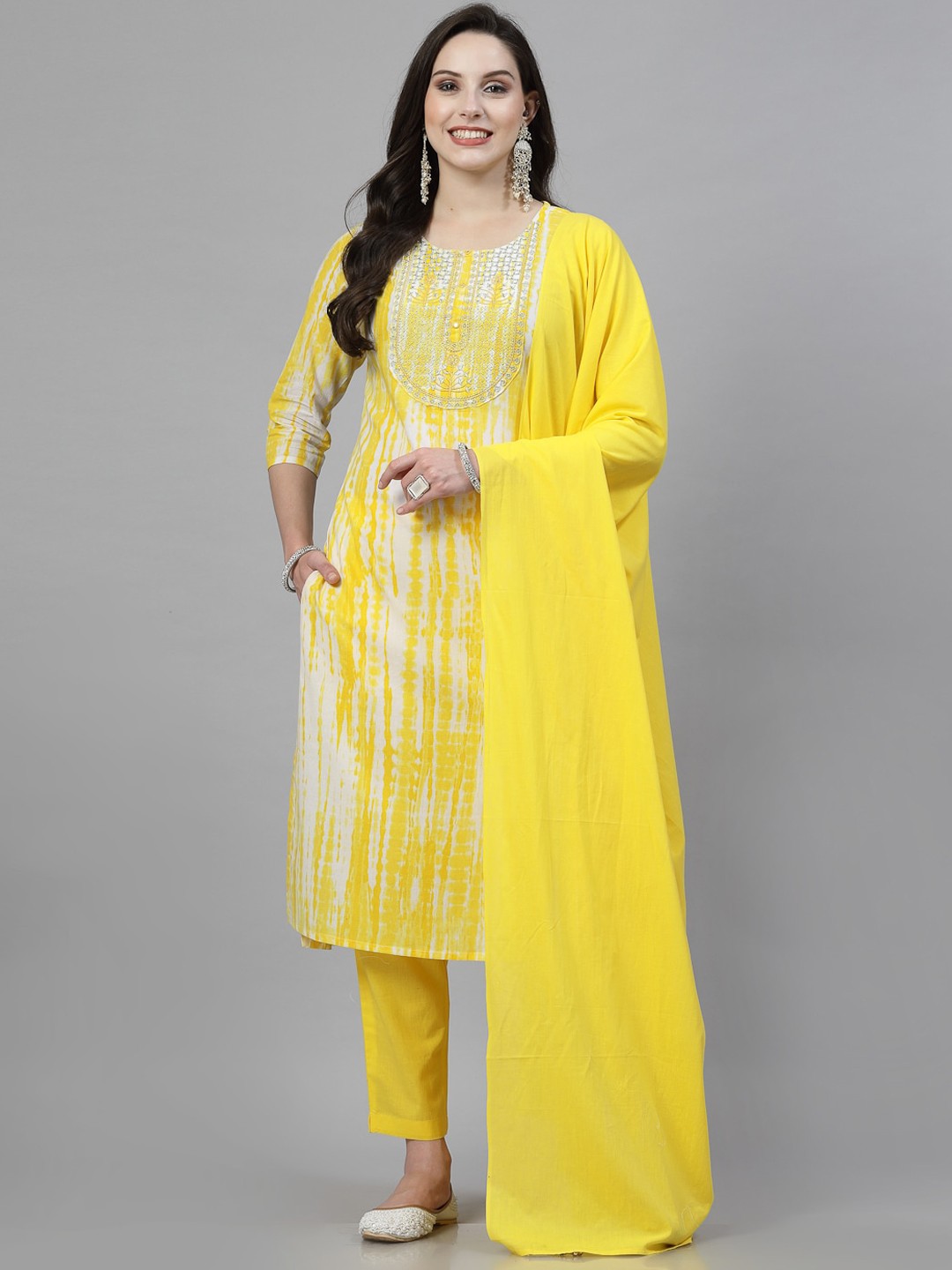 

SkyaSia Ethnic Motifs Printed Regular Pure Cotton Kurta with Trousers & With Dupatta, Yellow