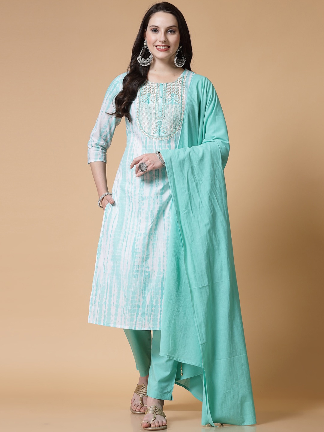 

SkyaSia Ethnic Motifs Printed Regular Pure Cotton Kurta with Trousers & With Dupatta, Blue