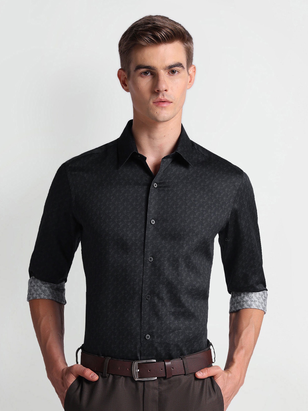 Arrow New York Men Slim Fit Opaque Printed Formal Shirt, Black