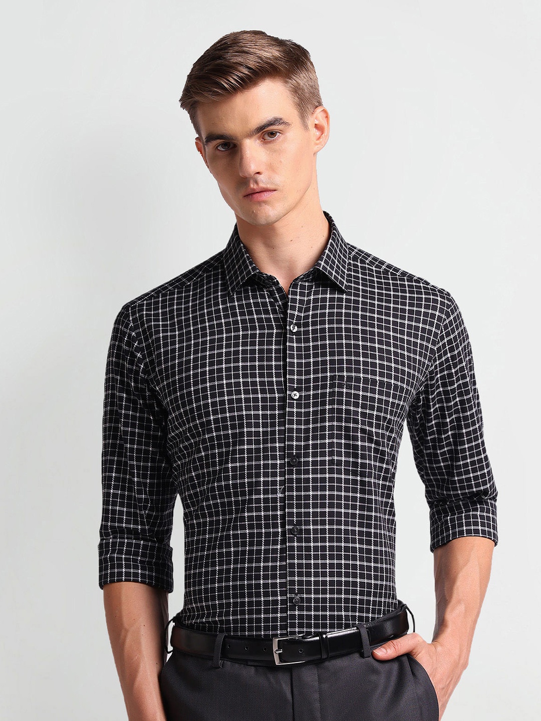 

Arrow Men Slim Fit Opaque Checked Formal Shirt, Black