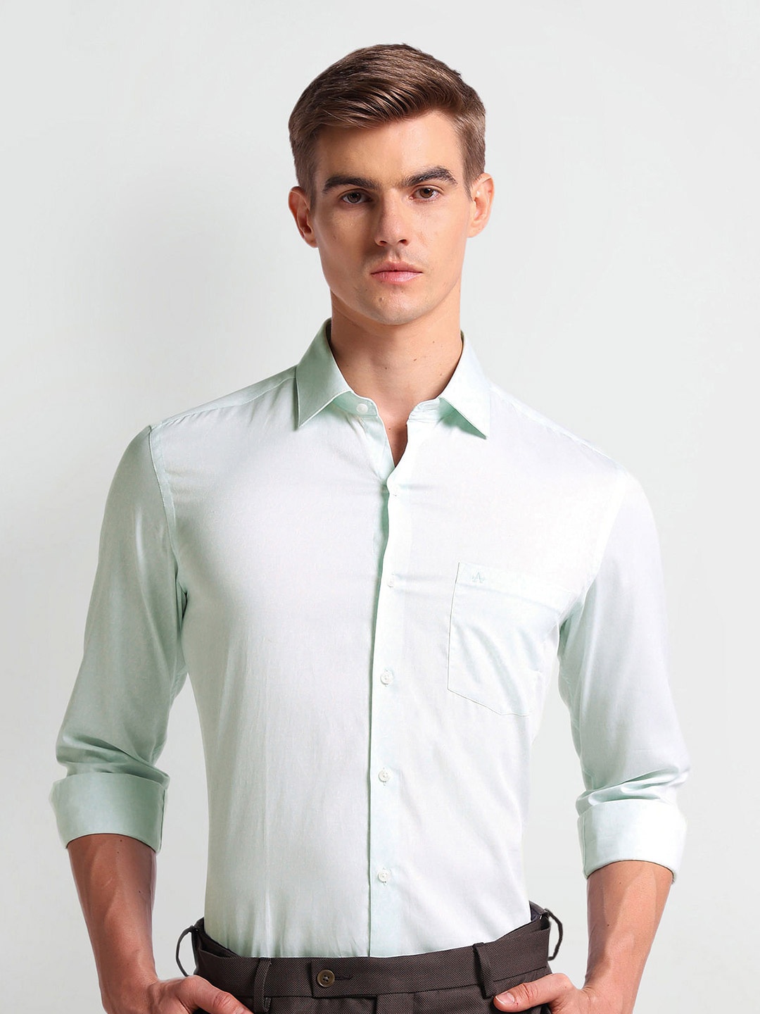 

Arrow Slim Fit Micro Ditsy Printed Twill Weave Pure Cotton Formal Shirt, Green