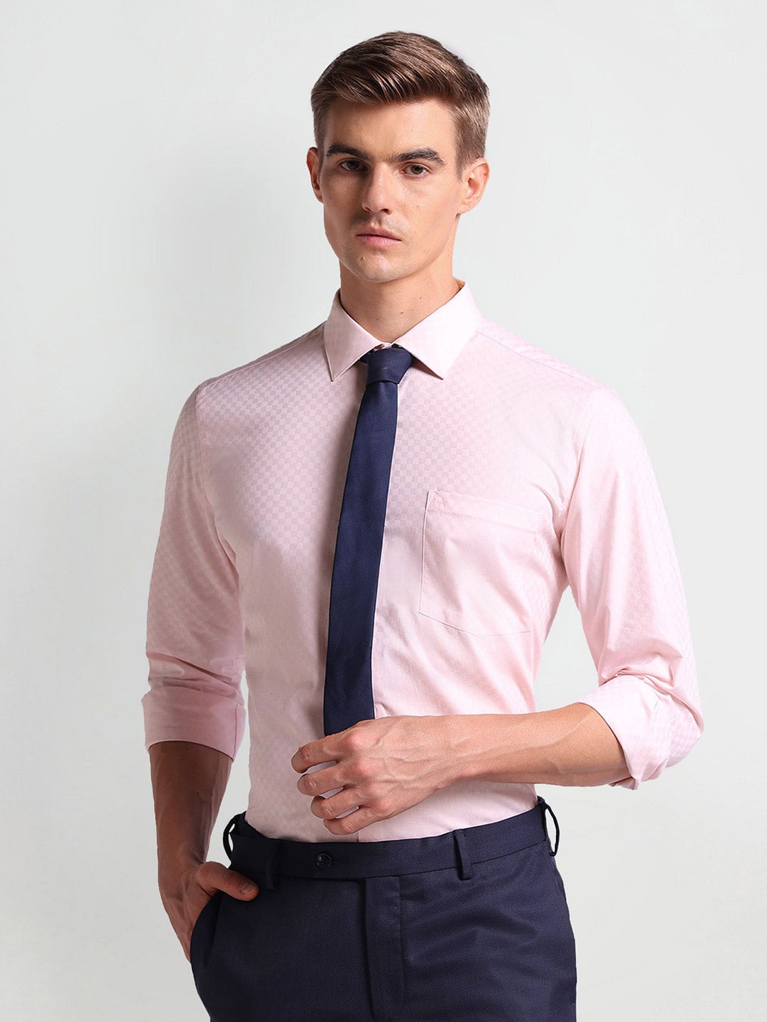 

Arrow Textured Self Design Twill Weave Pure Cotton Formal Shirt, Pink