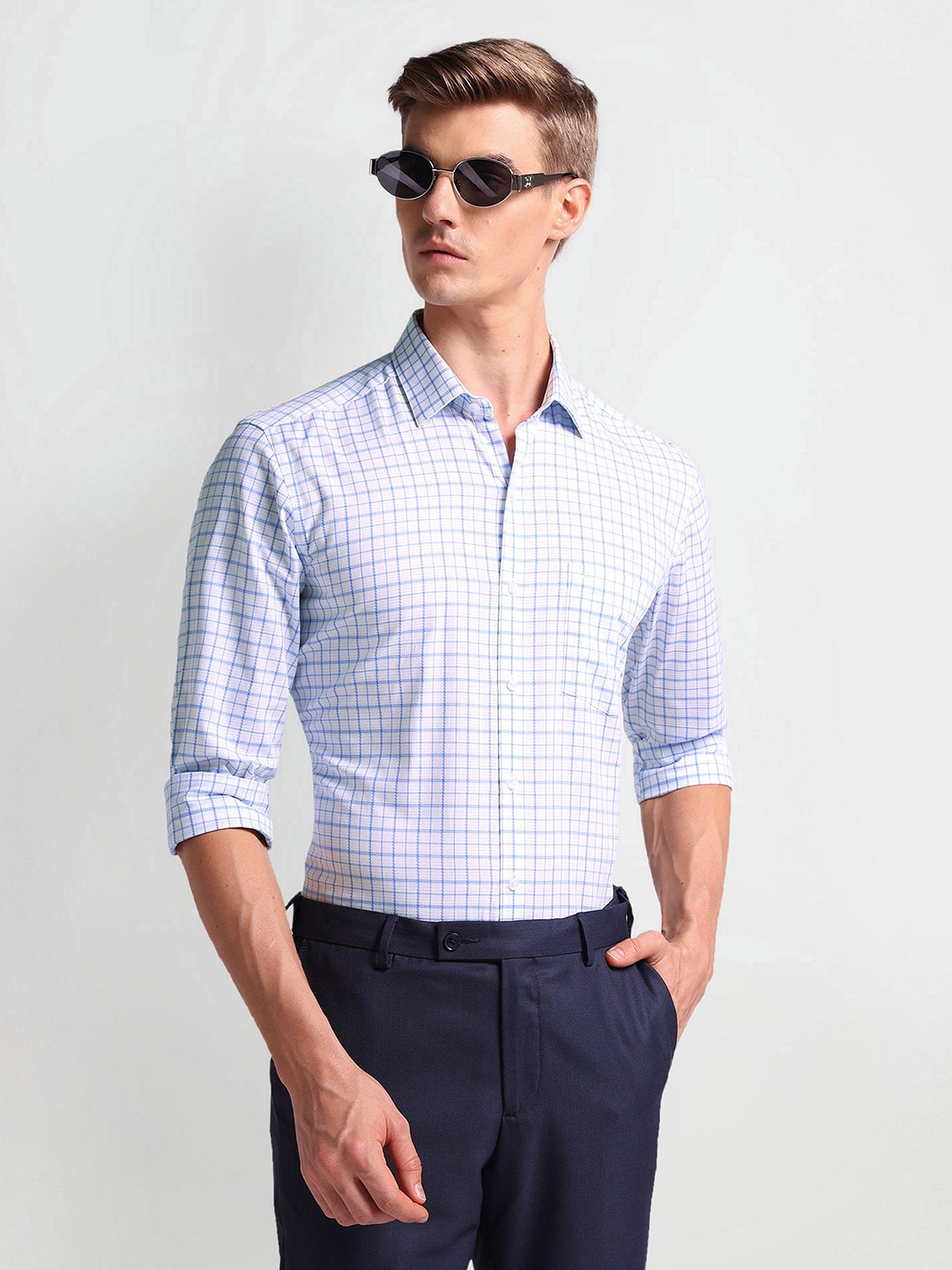 

Arrow Slim Fit Tartan Checked Pure Cotton Formal Shirt, Blue
