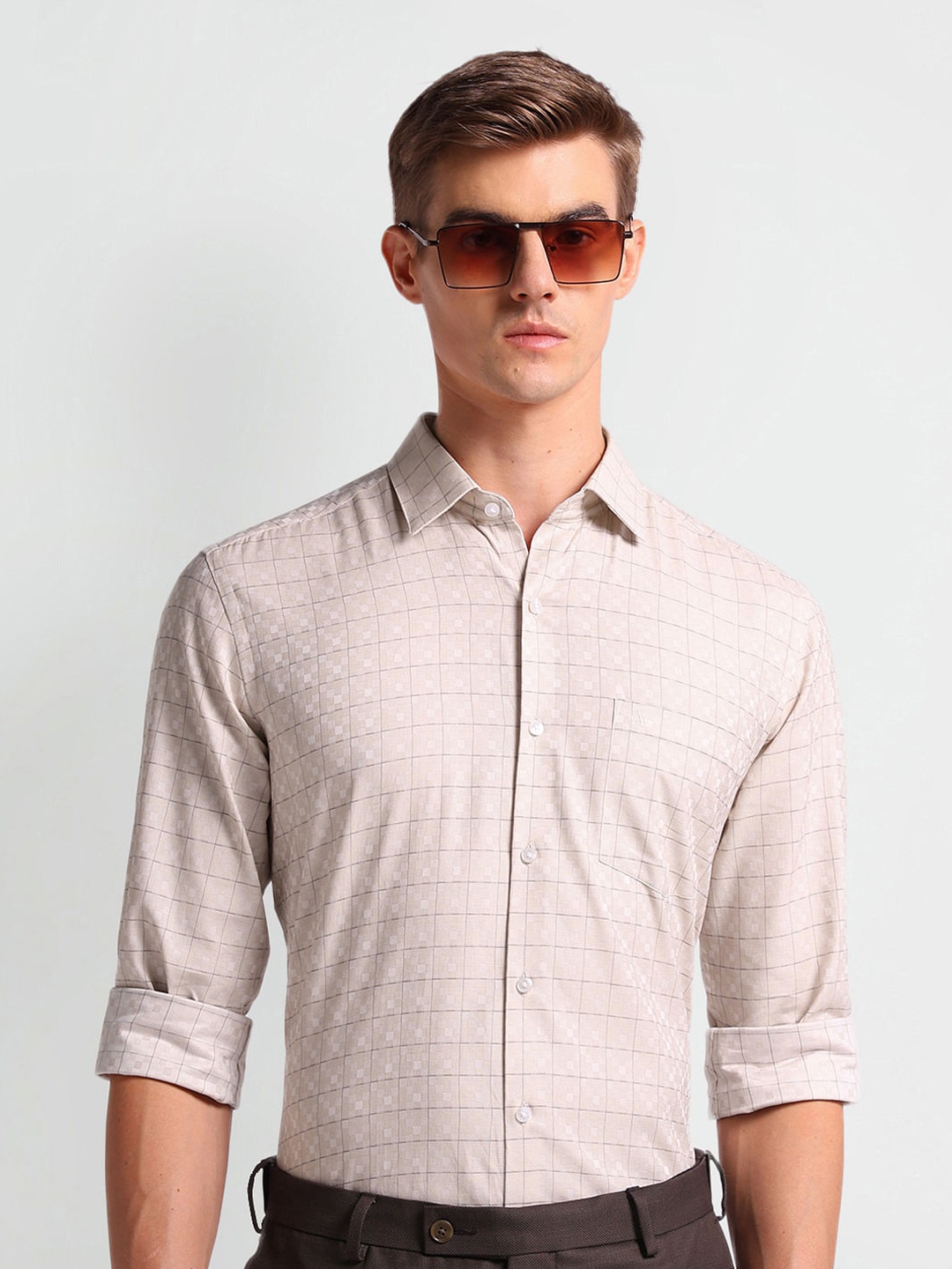 

Arrow Slim Fit Tartan Checked Pure Cotton Formal Shirt, Beige