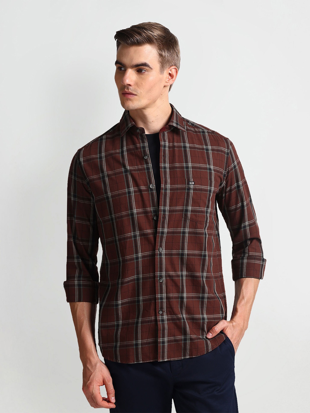 

Arrow Sport Men Slim Fit Tartan Checks Opaque Checked Casual Shirt, Brown