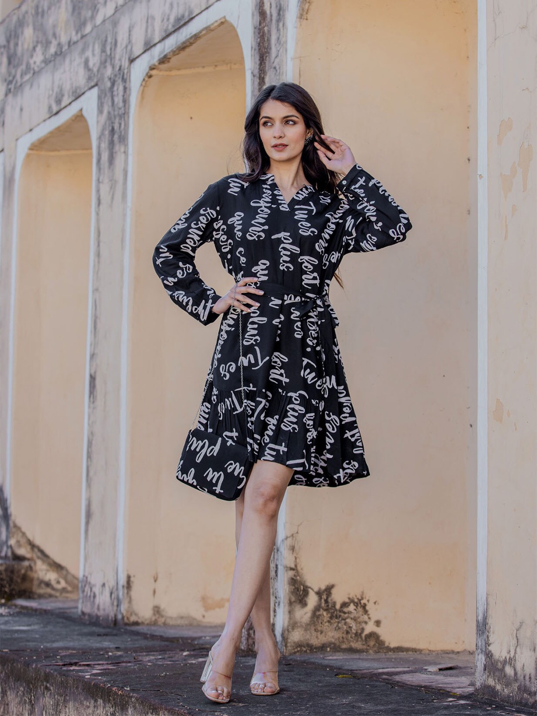 

FASHION DWAR Floral Print Fit & Flare Cotton Short Dress, Black