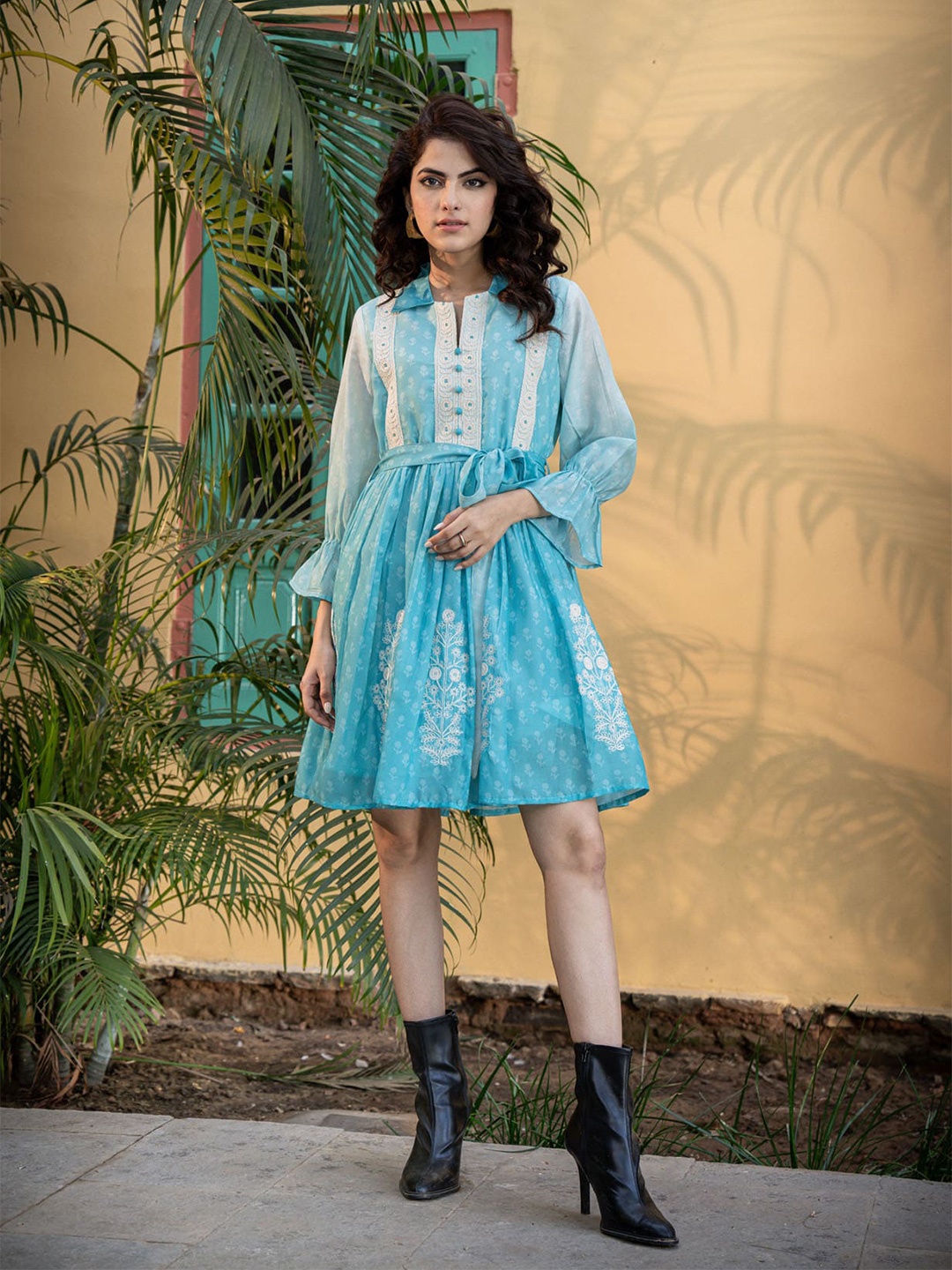 

FASHION DWAR Cotton Shirt Collar Bell Sleeves Fit & Flare Casual Dress, Blue