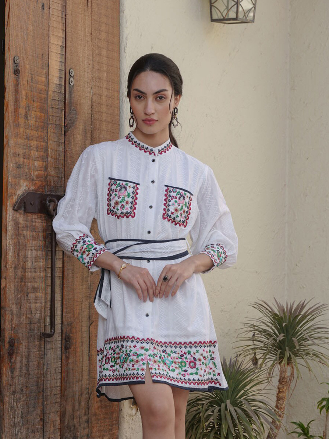 

FASHION DWAR Striped Cotton Mandarin Collar Long Sleeves Shirt Casual Dress, White