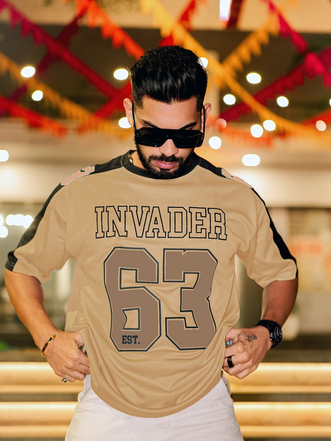

Maniac Typography Printed Drop-Shoulder Sleeves Oversized T-shirt, Beige