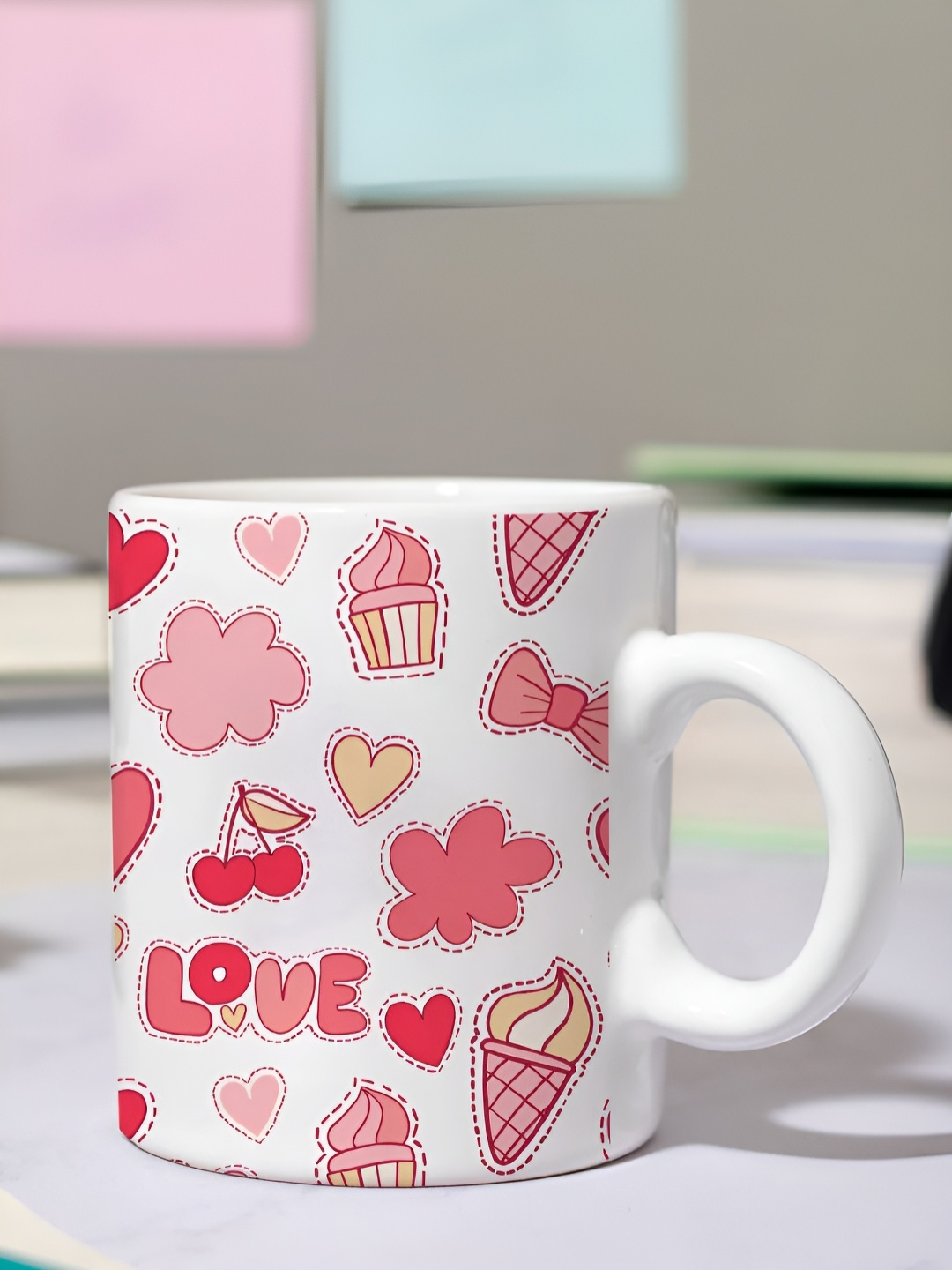 

DecorTwist White & Pink Printed Printed Ceramic Glossy Coffee Mug 250 ml