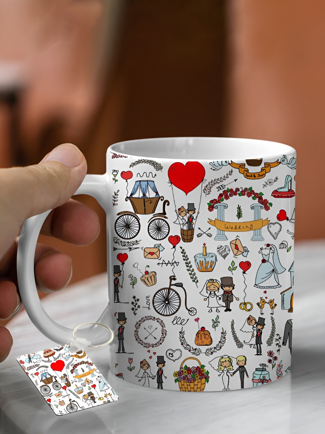 

DecorTwist White & Red Printed Ceramic Glossy Coffee Mug with Keychain 250 ml