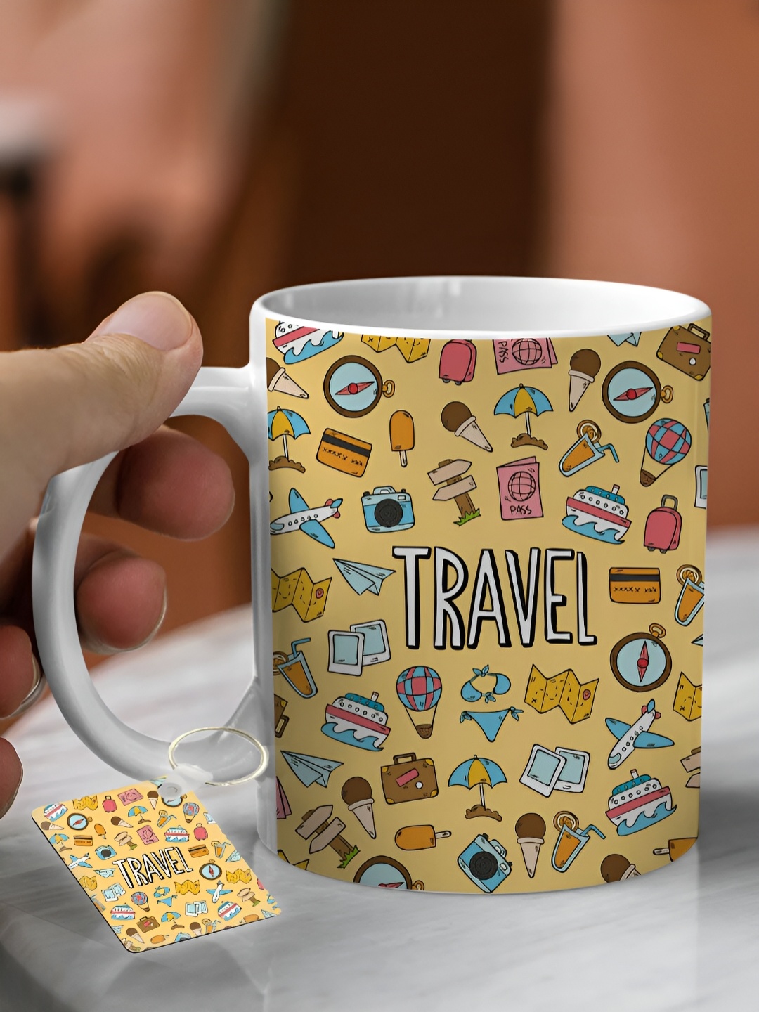 

DecorTwist White & Yellow Printed Ceramic Glossy Coffee Mug with Keychain 250 ml