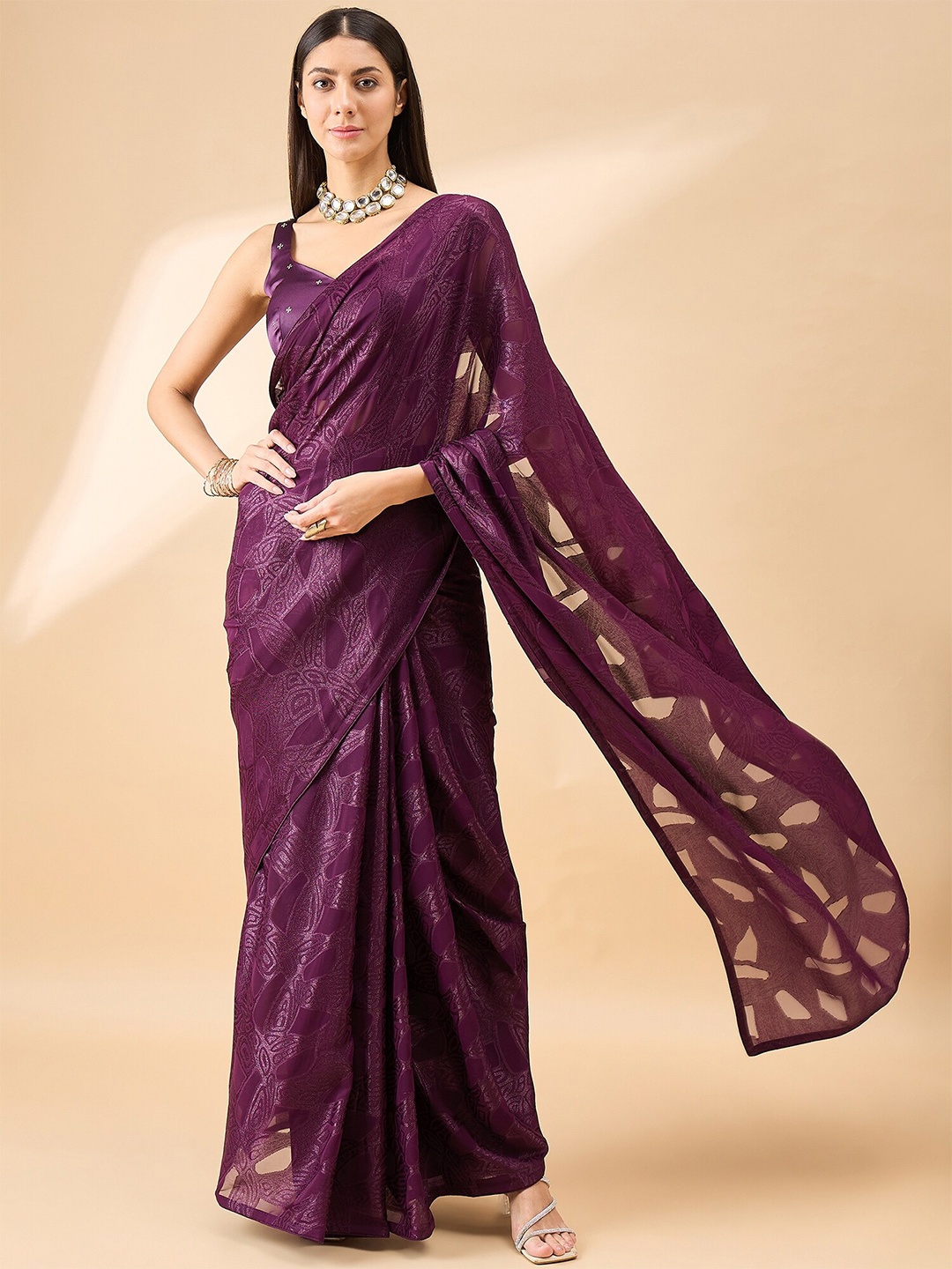 

all about you Woven Design Brasso Ready to Wear Saree, Purple