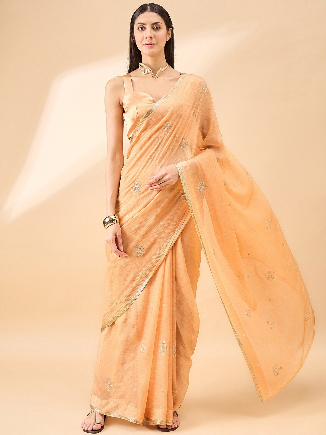 

all about you Floral Embroidered Pure Chiffon Saree, Beige
