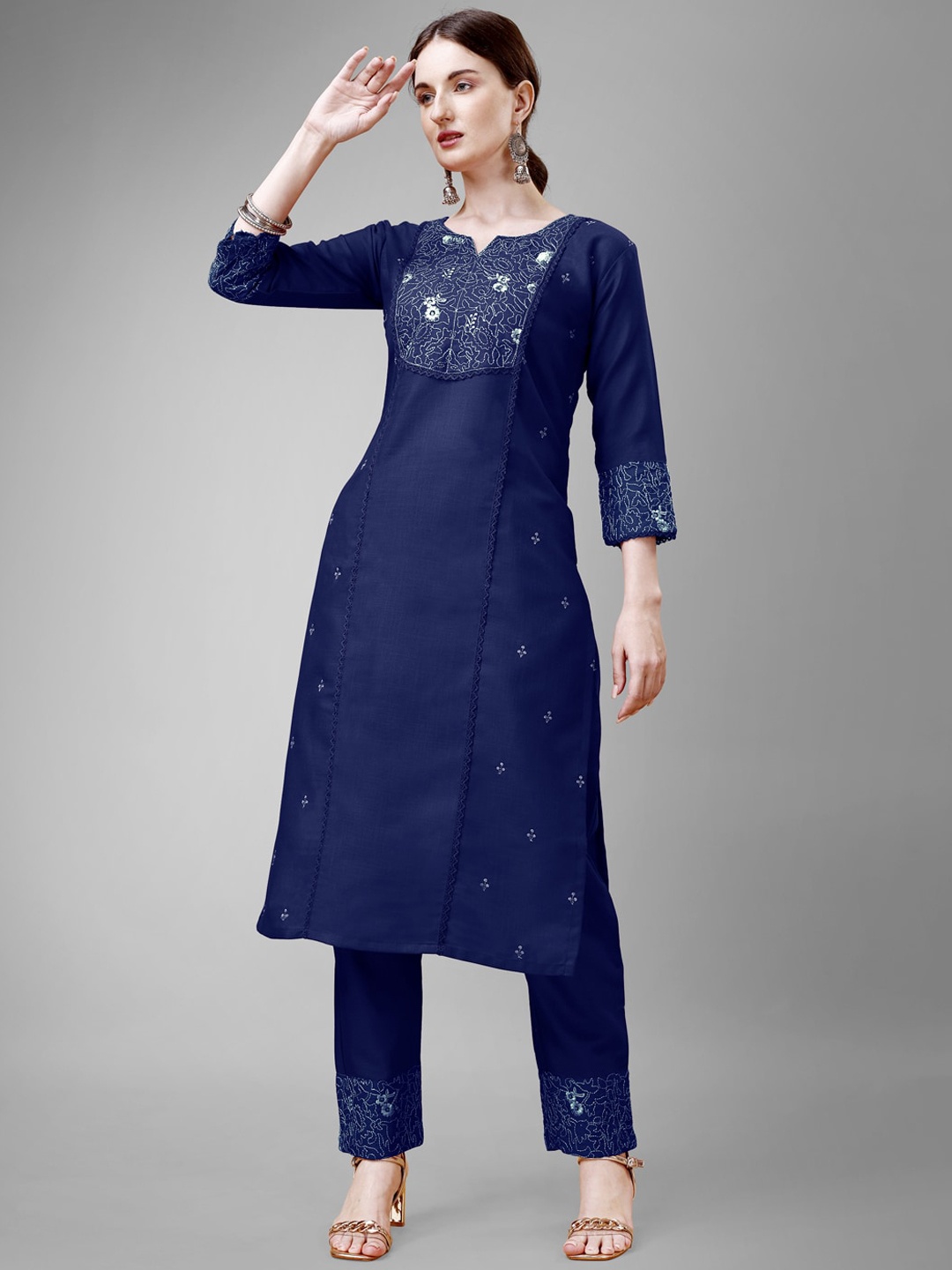 

ARADHNA Ethnic Motifs Yoke Design Gotta Patti Straight Kurti With Churidar, Navy blue