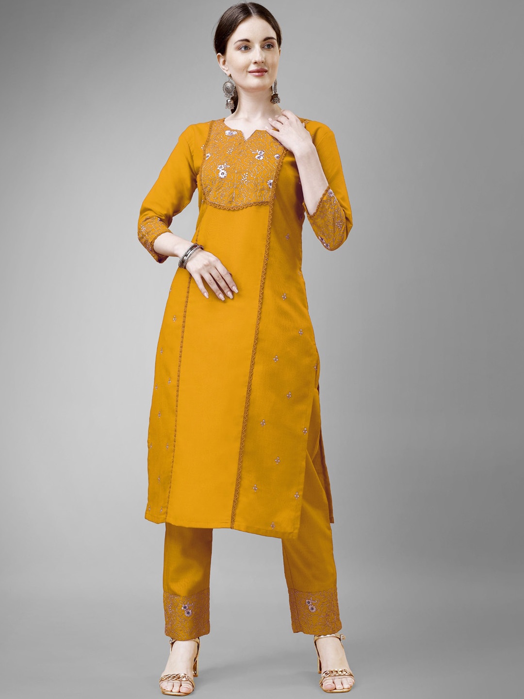 

ARADHNA Ethnic Motifs Yoke Design Gotta Patti Straight Kurti With Churidar, Yellow