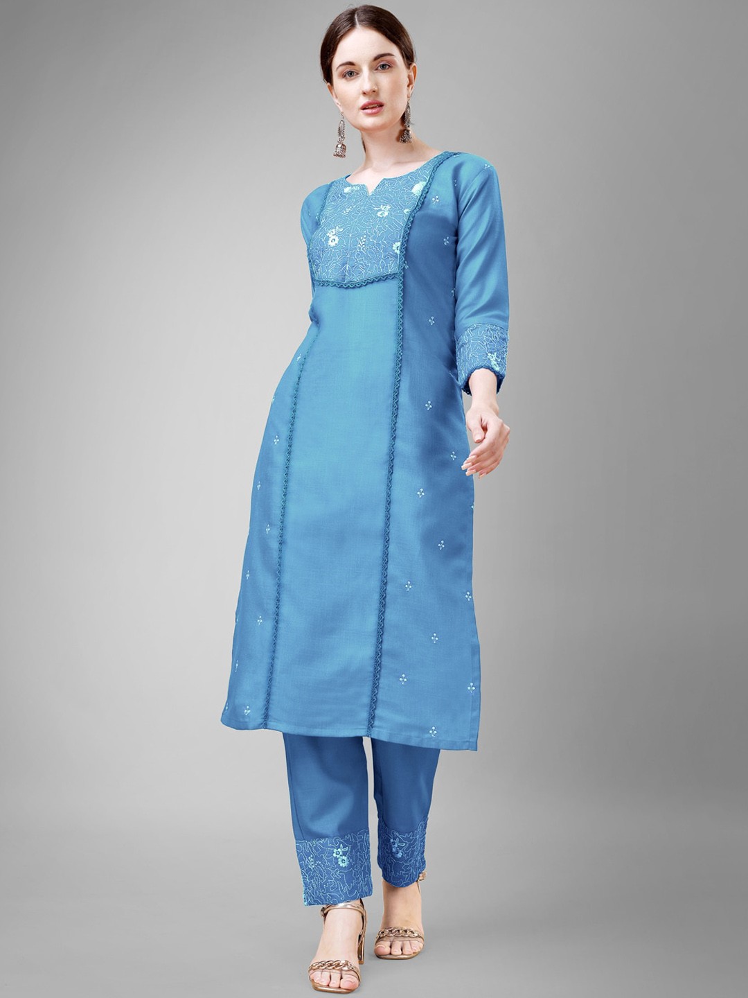 

ARADHNA Ethnic Motifs Yoke Design Round Neck Straight Kurta with Trousers, Blue