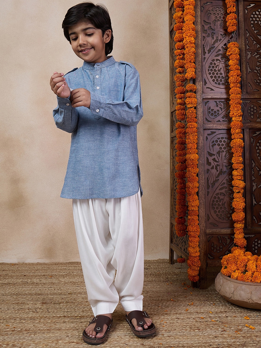 

pspeaches Boys Band Collar Straight Kurta with Salwar, Blue