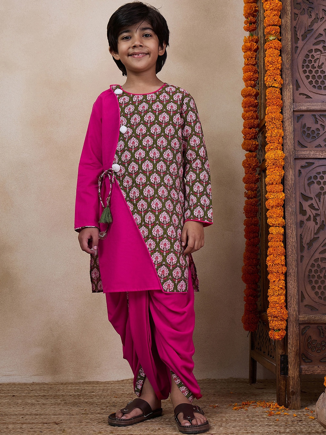 

pspeaches Boys Floral Printed Long Sleeves Straight Kurta With Dhoti Pants, Magenta