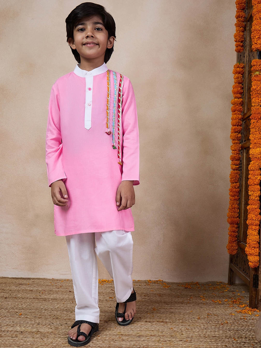 

pspeaches Boys Band Collar Straight Kurta with Pyjamas, Pink