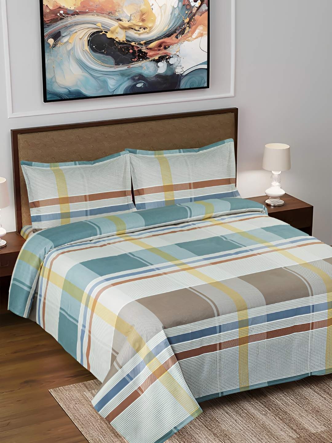 

GAPU & BALY Blue Striped 120 TC King Bedsheet with 2 Pillow Covers
