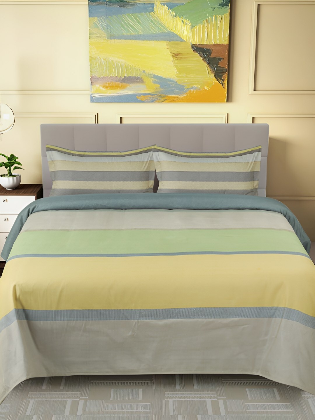 

GAPU & BALY Green Striped 120 TC King Bedsheet with 2 Pillow Covers