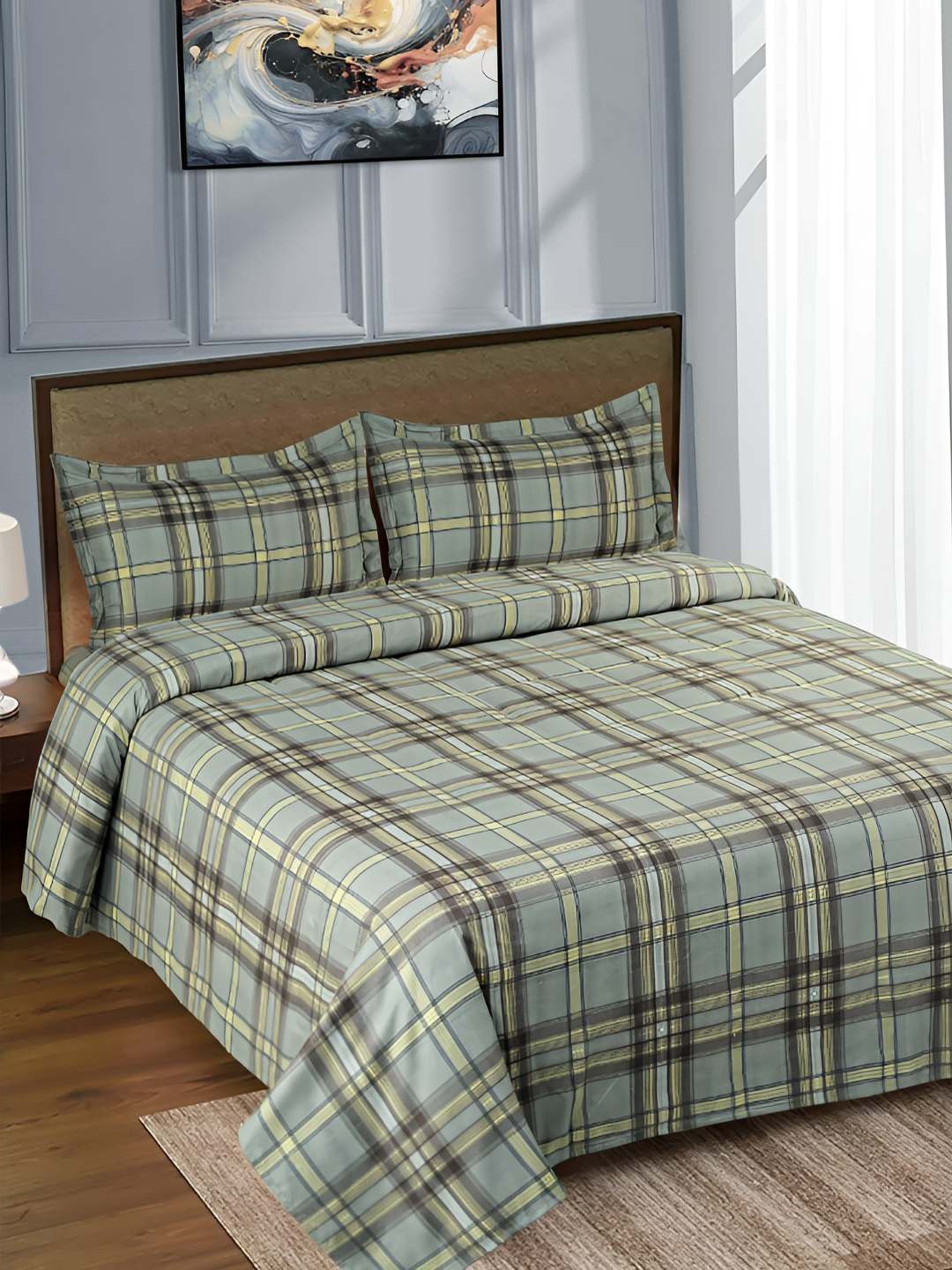 

GAPU & BALY Green Striped 120 TC King Bedsheet with 2 Pillow Covers