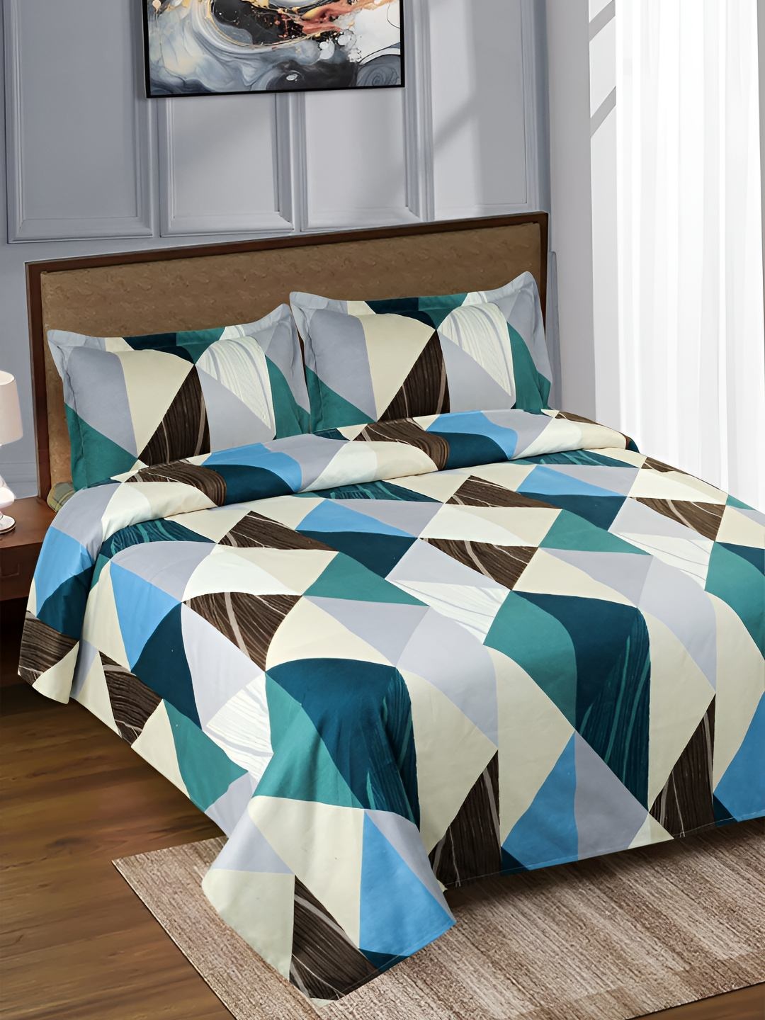 

GAPU & BALY White & Teal Striped 120 TC King Bedsheet with 2 Pillow Covers