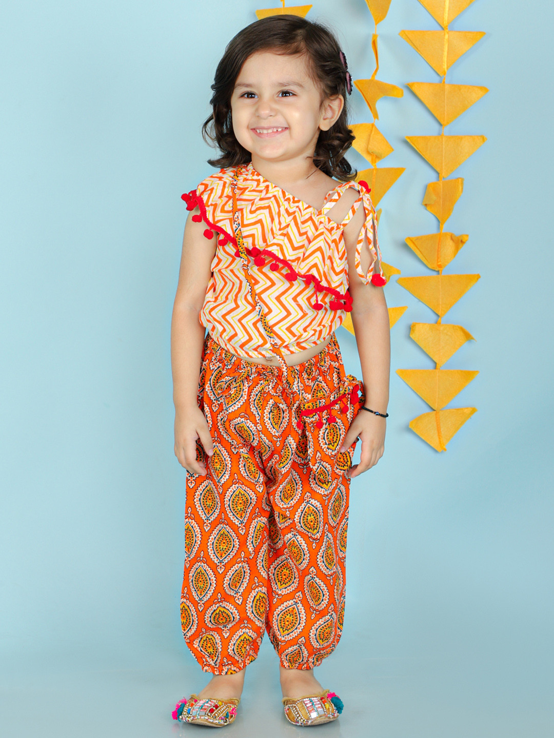 

KID1 Girls Printed One Shoulder Pure Cotton Top with Palazzos, White
