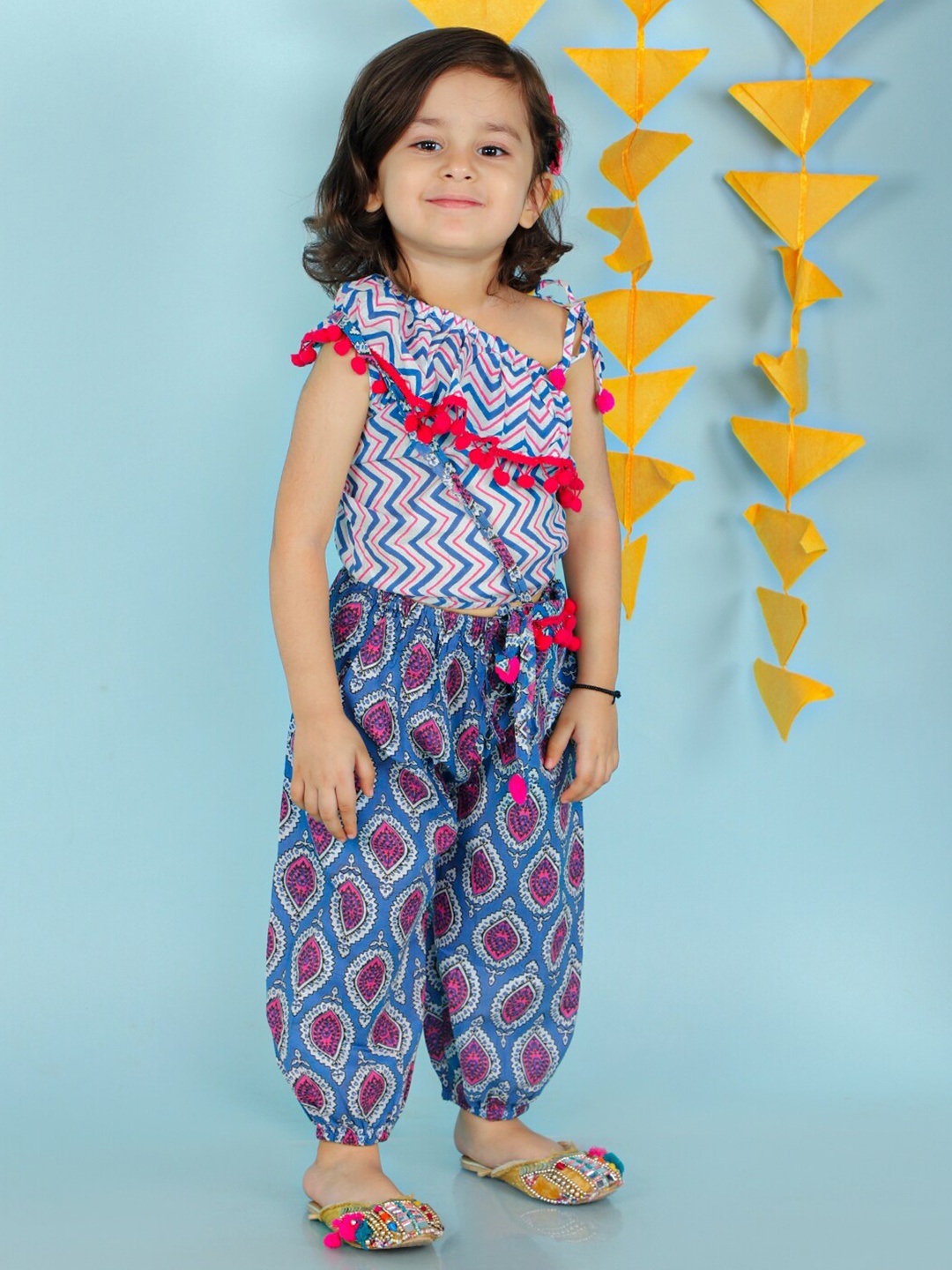 

KID1 Girls Printed One Shoulder Pure Cotton Top with Palazzos, White