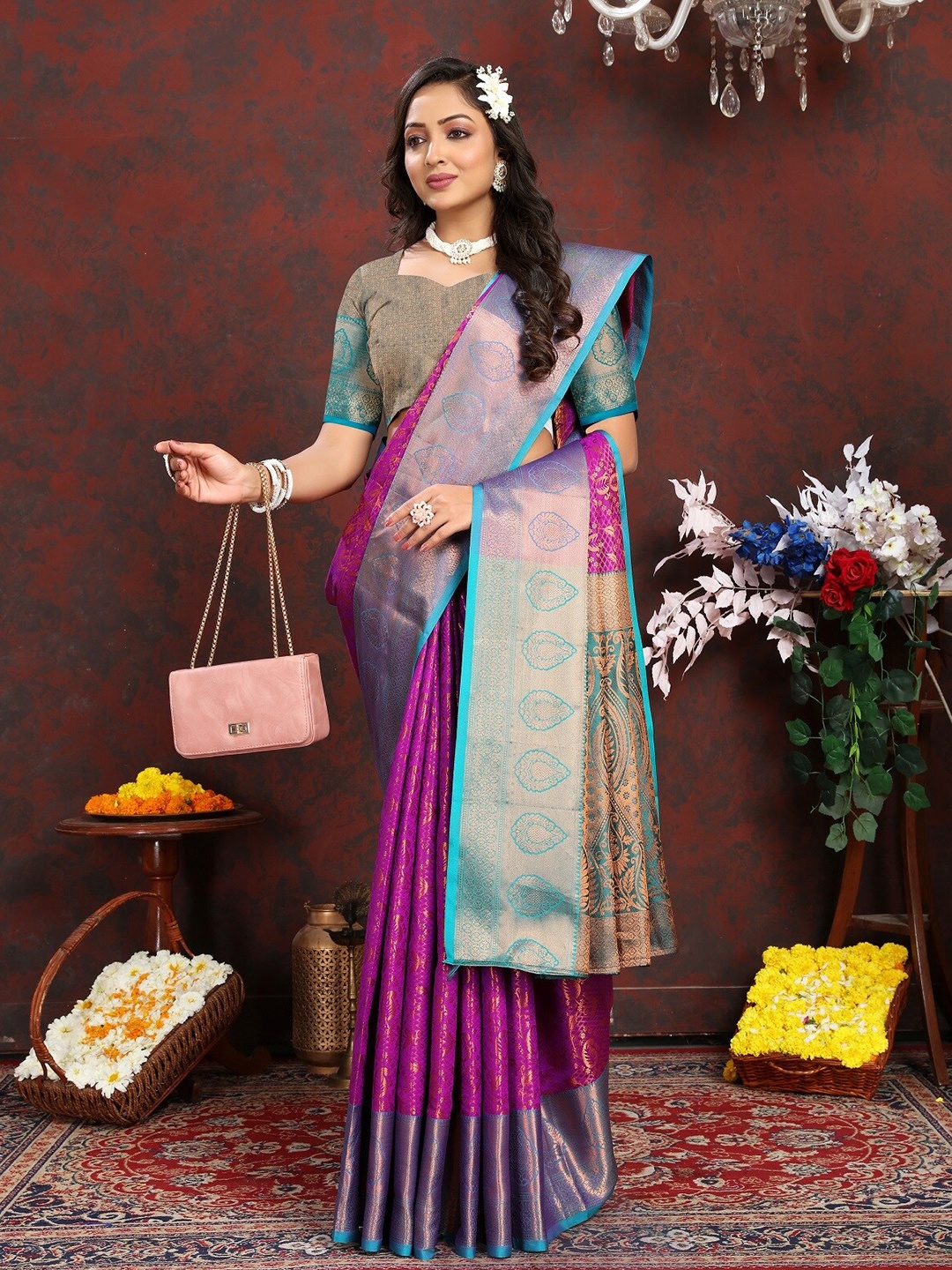 

SILK SAREE HUB Woven Design Pure Silk Kanjeevaram Zari Saree, Purple