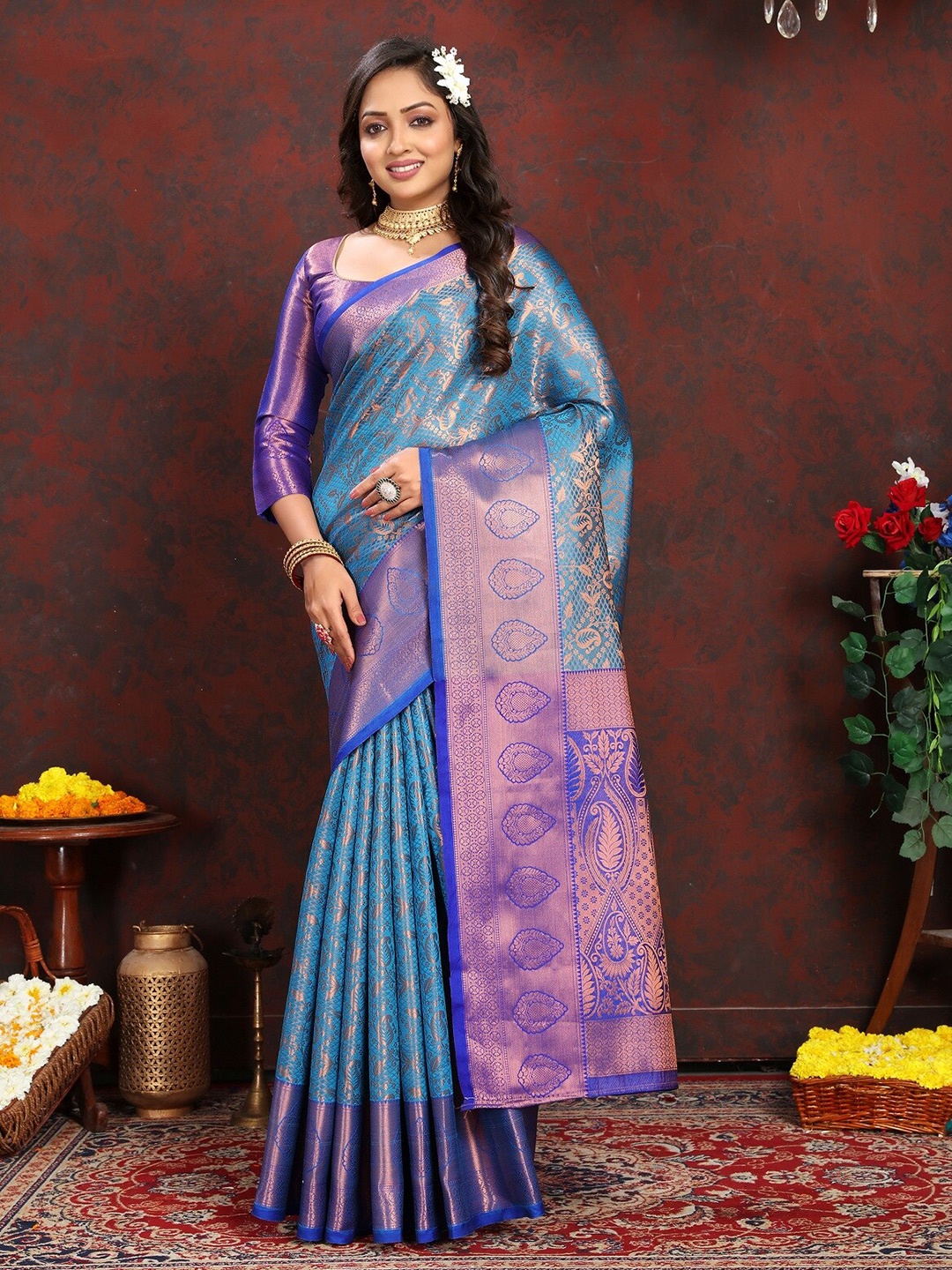 

SILK SAREE HUB Floral Woven Design Zari Pure Silk Kanjeevaram Saree, Turquoise blue