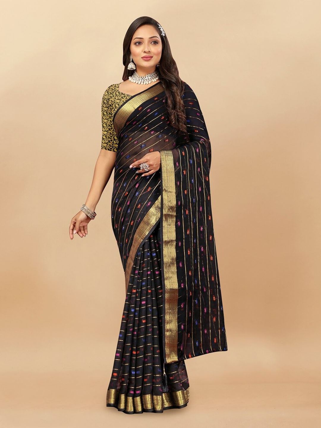 

Aardiva Striped Zari Pure Chiffon Saree, Black