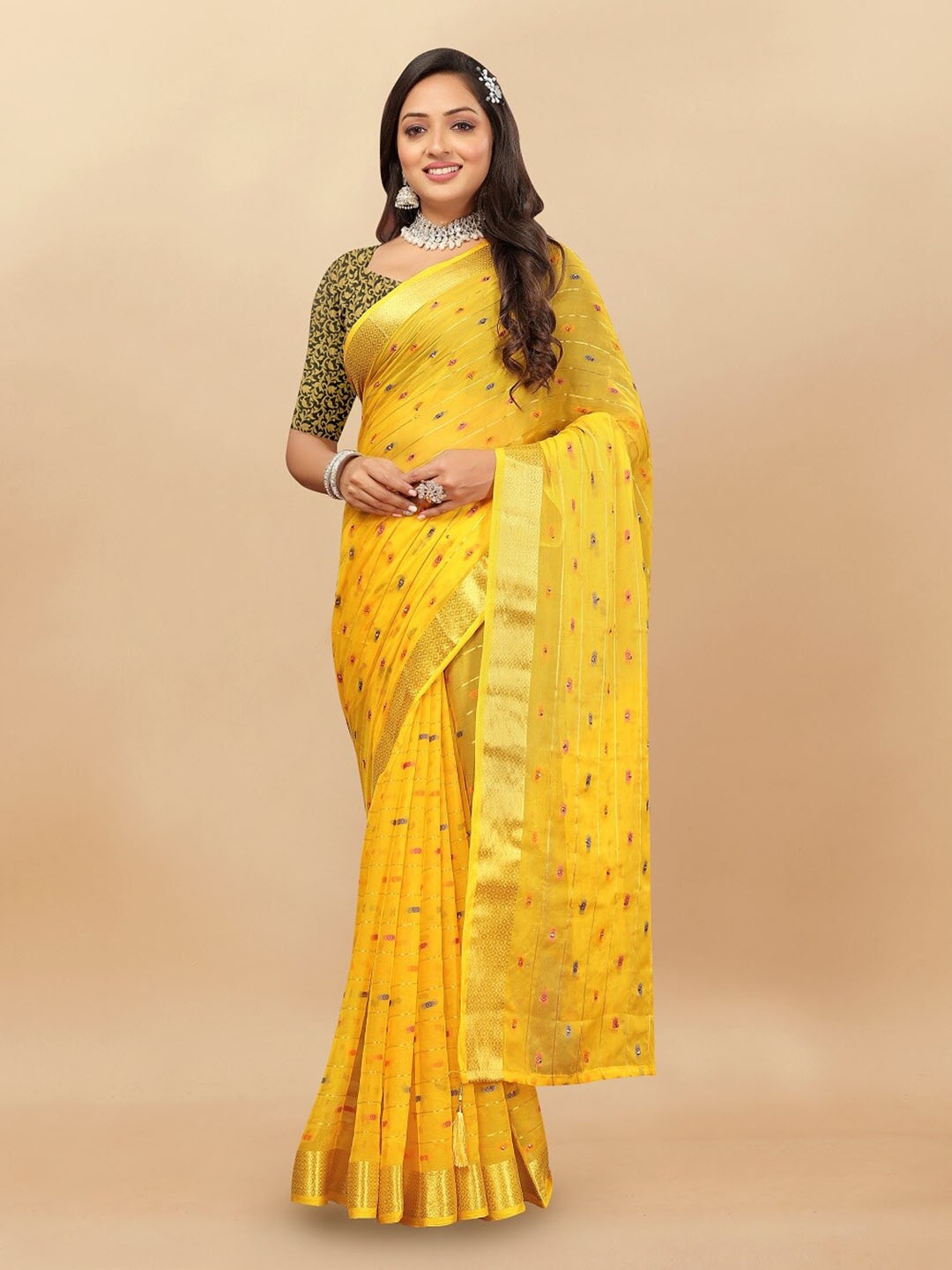 

Aardiva Striped Woven Design Zari Pure Chiffon Saree, Yellow