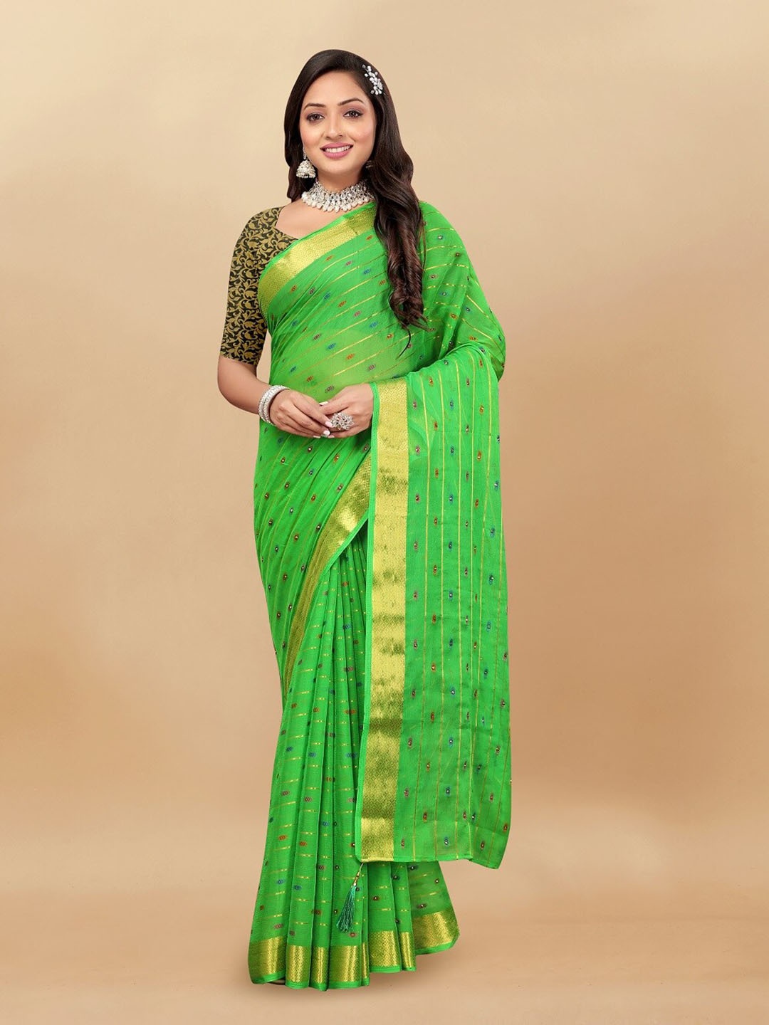 

Aardiva Striped Zari Pure Chiffon Saree, Green