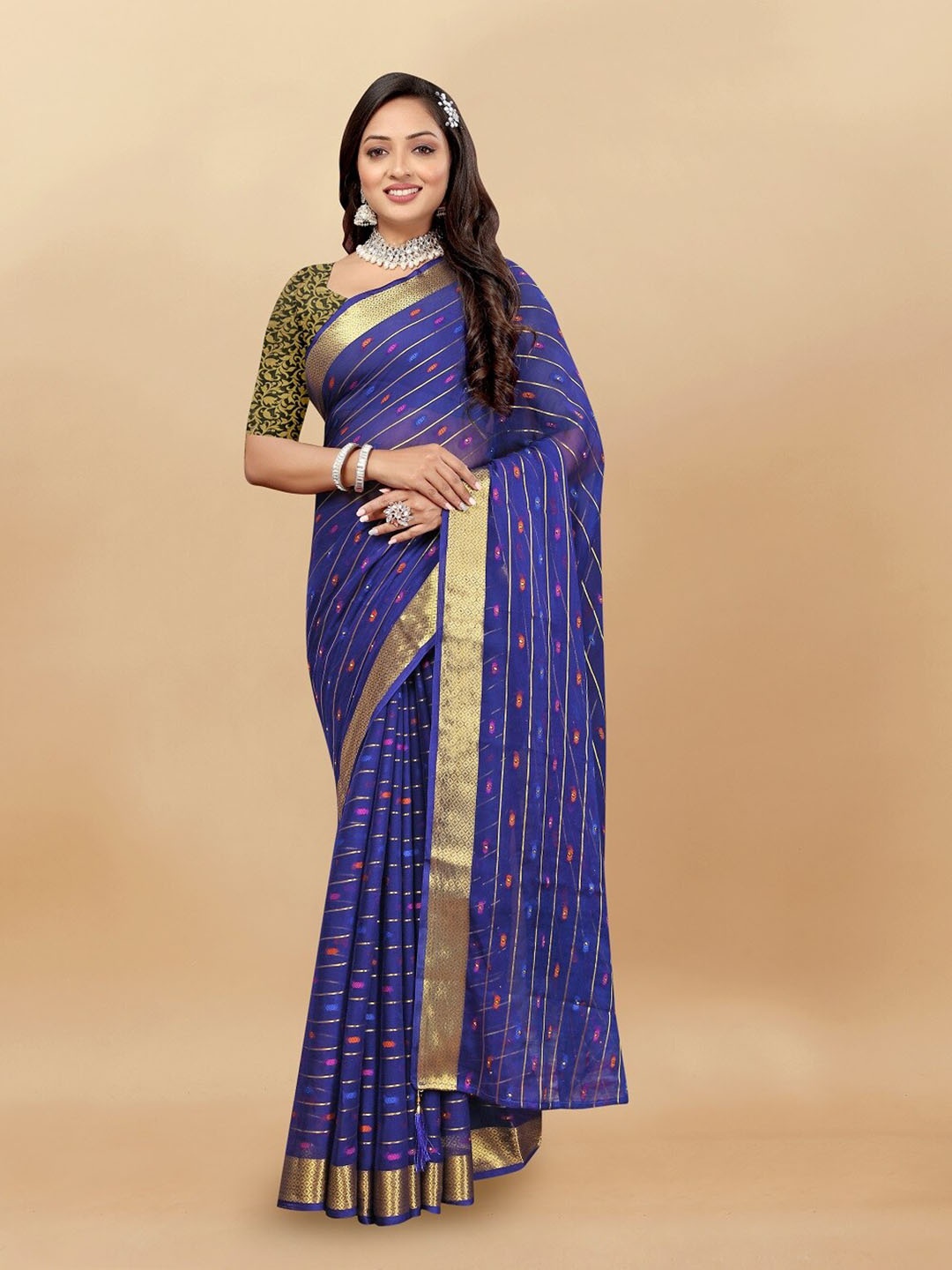 

Aardiva Striped Zari Pure Chiffon Saree, Navy blue