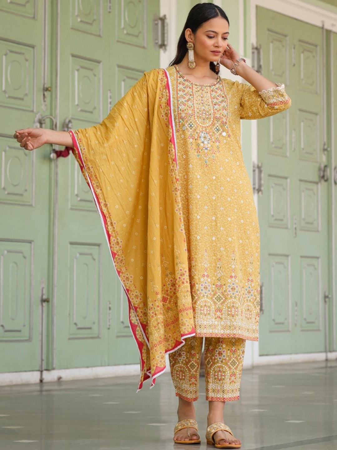 

Juniper Ethnic Motifs Printed Beads and Stones Straight Kurta with Trousers & Dupatta, Mustard