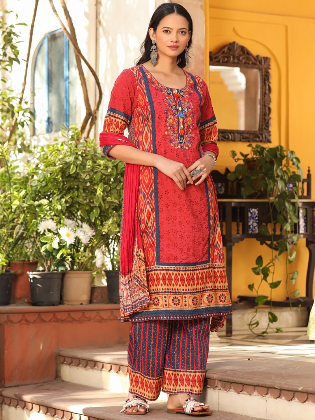 

Juniper Ethnic Motifs Printed Round Neck Straight Kurta with Palazzos & Dupatta, Rust